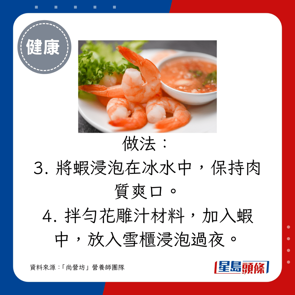  3. 將蝦浸泡在冰水中，保持肉質爽口。 4. 拌勻花雕汁材料，加入蝦中，放入雪櫃浸泡過夜。