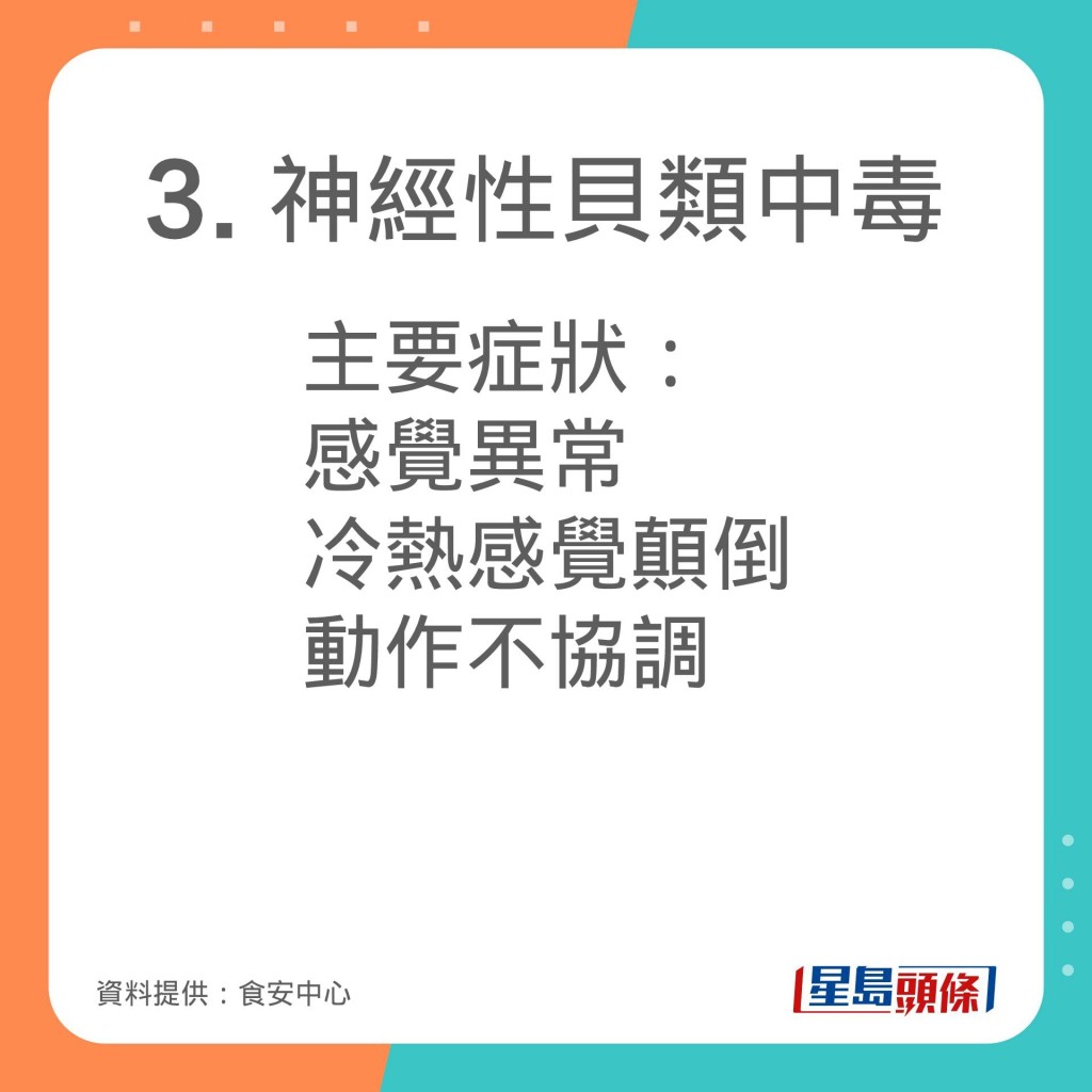 食安中心分享不同毒素通常汲及的雙貝類海產及中毒症狀。