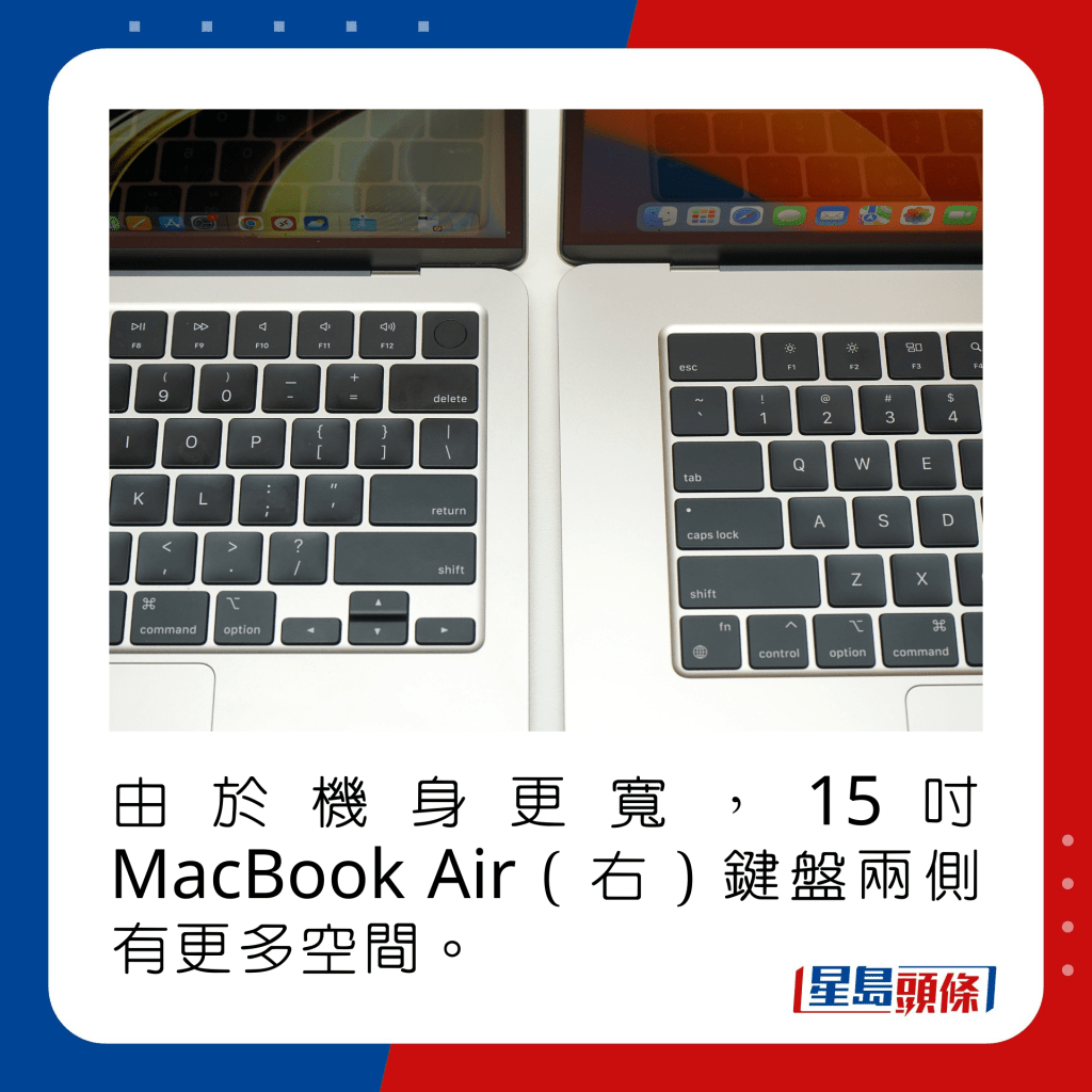 由于机身更宽，15寸MacBook Air（右）键盘两侧有更多空间。