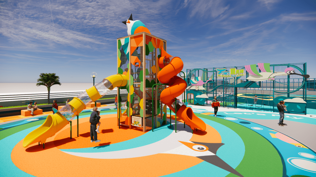 小朋友可與紅耳鵯BulBul於6米高的「BulBul樹屋」沿滑梯高速滑到地面。（圖片來源：領展）