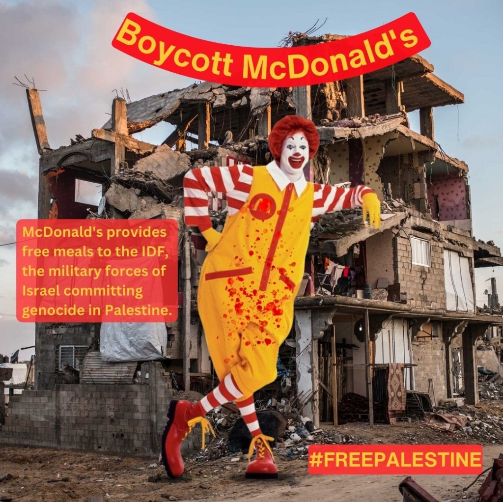 支持巴勒斯坦人的團體呼籲杯葛麥當勞。 網上圖片