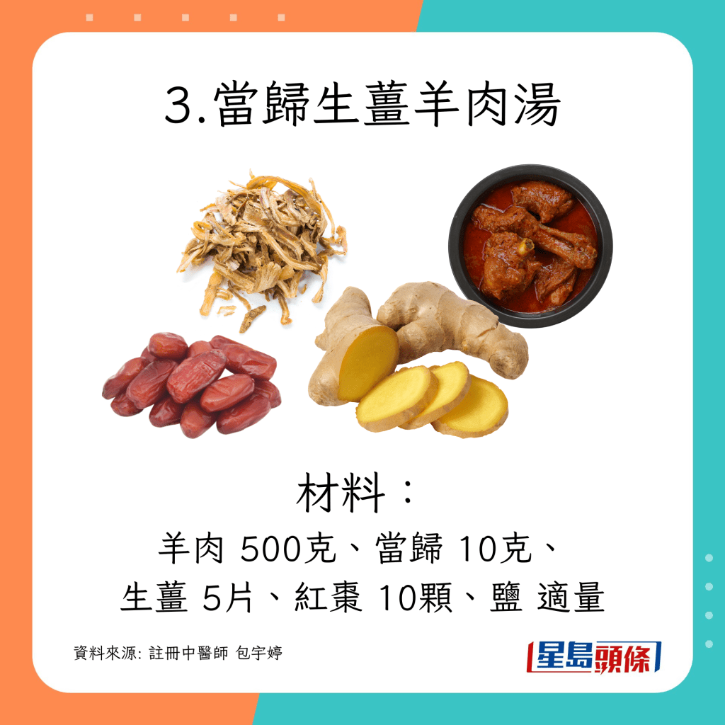 材料：羊肉 500克、当归 10克、生姜 5片、红枣 10颗、盐 适量