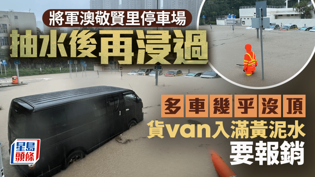 黑雨│將軍澳敬賢里停車場 多車被浸至幾沒頂 車主嘆「冇咗部搵食工具」