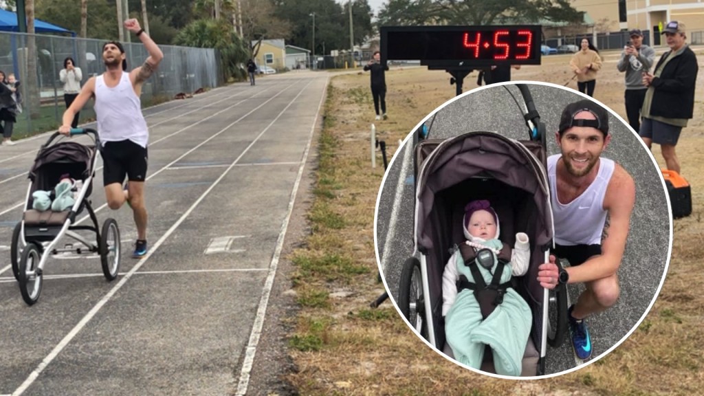 美國爸爸Rob Holcomb推著載有女兒Greta的BB車在運動場上跑步,以4分53秒內完成4次400米,創下新的健力士世界紀錄。網圖
