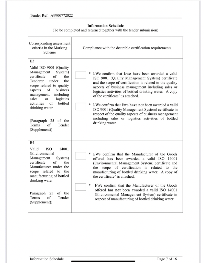 文件亦要求入標者確認樽裝水是否符合ISO9001、ISO14001等生產標準。