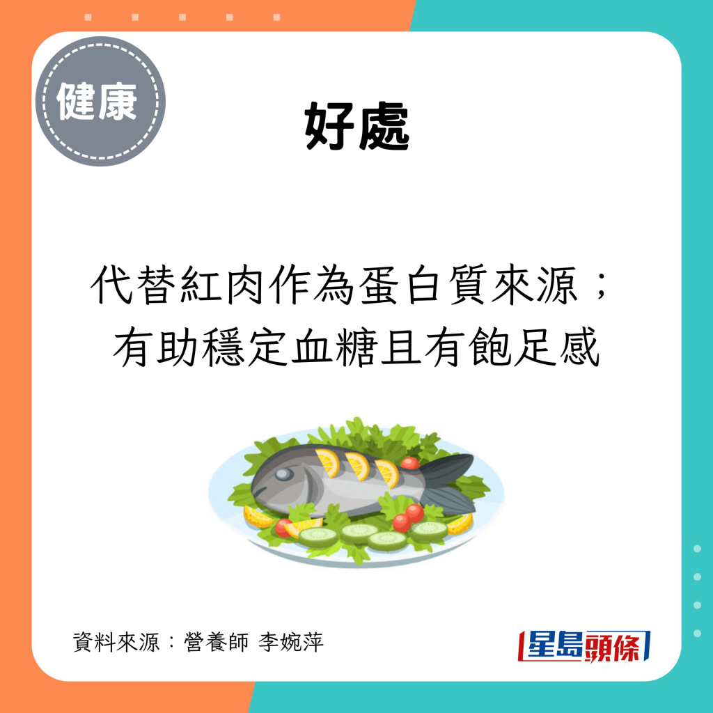 代替紅肉作為蛋白質來源；有助穩定血糖且有飽足感