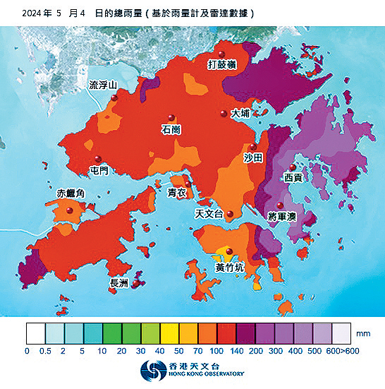 上月4日天文台發出首個「紅雨」，並錄得「特大暴雨」雨勢，當日總雨量圖「一片紅海」。
