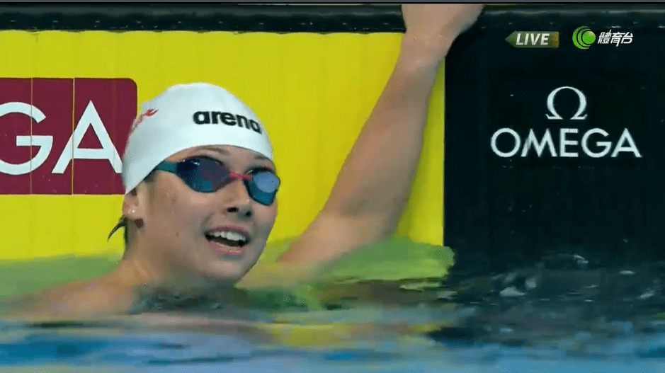 何詩蓓於女子100米自由泳準決賽未受考驗。電視截圖