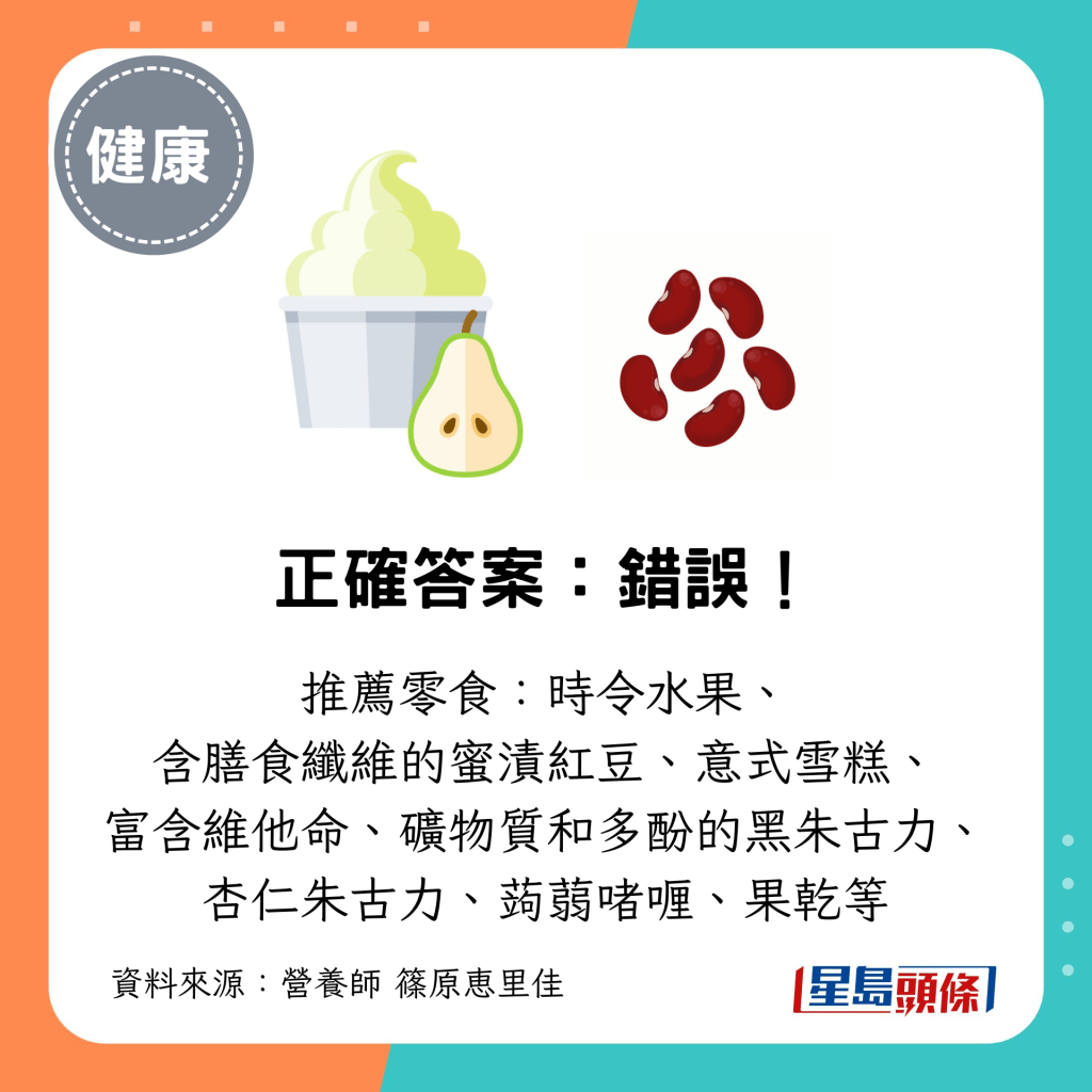 推薦零食：時令水果、 含膳食纖維的蜜漬紅豆、意式雪糕、 富含維他命、礦物質和多酚的黑朱古力、 杏仁朱古力、蒟蒻啫喱、果乾等