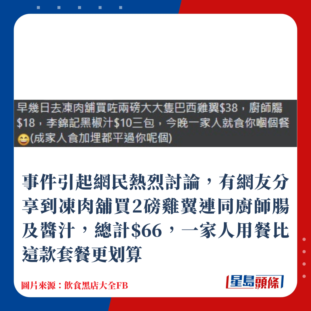 事件引起网民热烈讨论，有网民表示到冻肉铺买2磅鸡翼连同厨师肠及酱汁，总计$66，笑言足够一家人份量，而且比这款套餐更划算