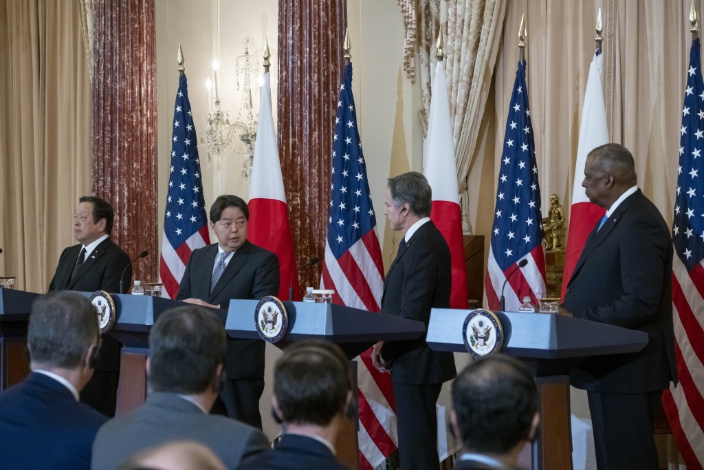 美日外交與國防部長「2+2」會談發表聯合聲明。AP