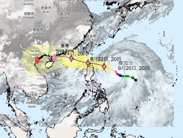 強颱風樺加沙可能路徑範圍。天文台網頁