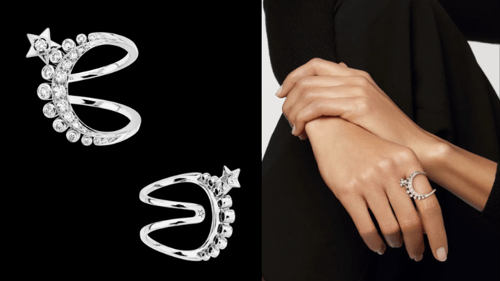 系列中首款以月亮为题材的设计，Lune de Chanel指环以18K白金镶钻石。（约$101,800）