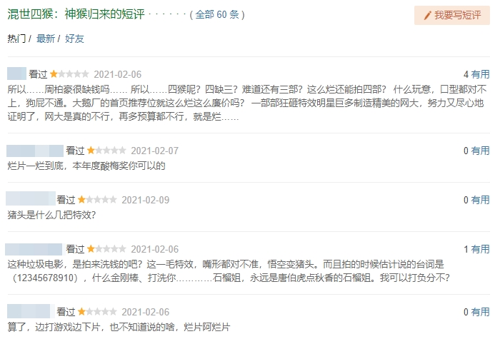 電影評分網豆瓣的熱門評論更只有1星評價。