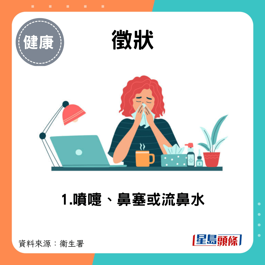 徵状：1.喷嚏、鼻塞或流鼻水