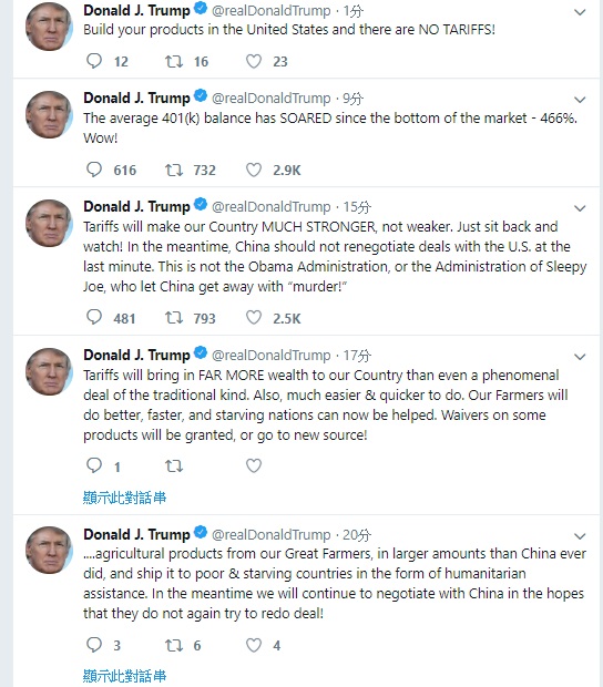特朗普連番炮轟中國。網上圖片