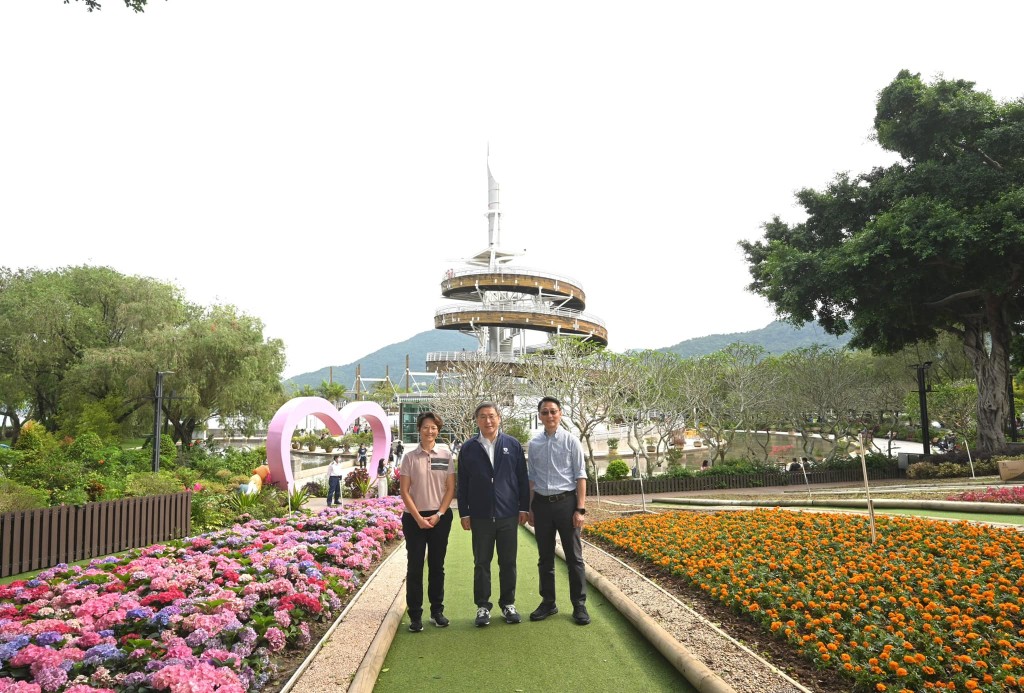 大埔海滨公园的绣球花和万寿菊花海。背后是回归纪念塔。卓永兴FB图片