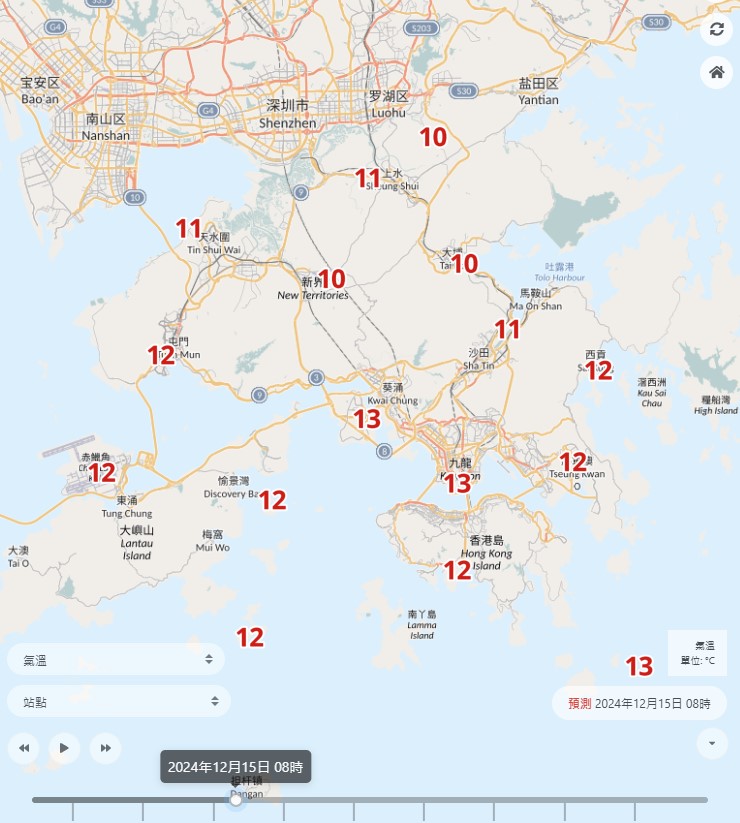 周日早上，大埔、打鼓嶺、石崗更低見10度。