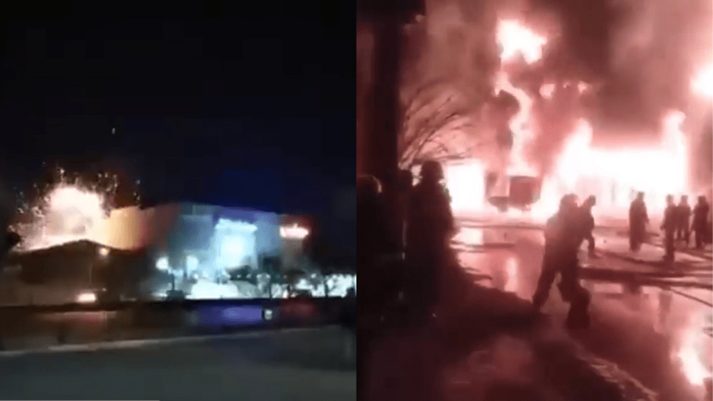 伊朗伊斯法罕軍工廠受無人機攻擊,網民在Twitter發布爆炸及大火的影片。 網上圖片