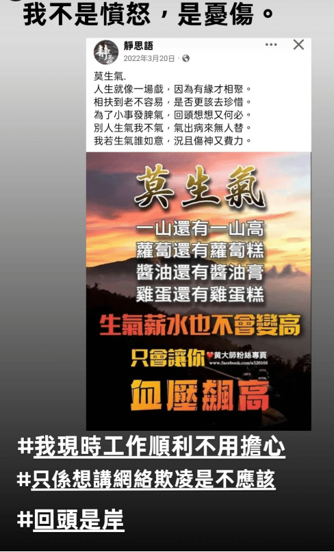 阿七吳嘉儀表示只是想制止網絡欺凌，並勸對方回頭是岸。
