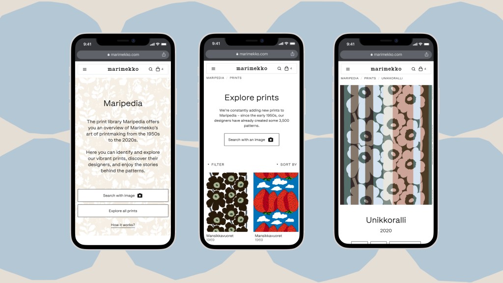 Maripedia綫上圖書館以作品故事及設計師分類，更可以AI技術搜尋眼前產品上的印花資料。 