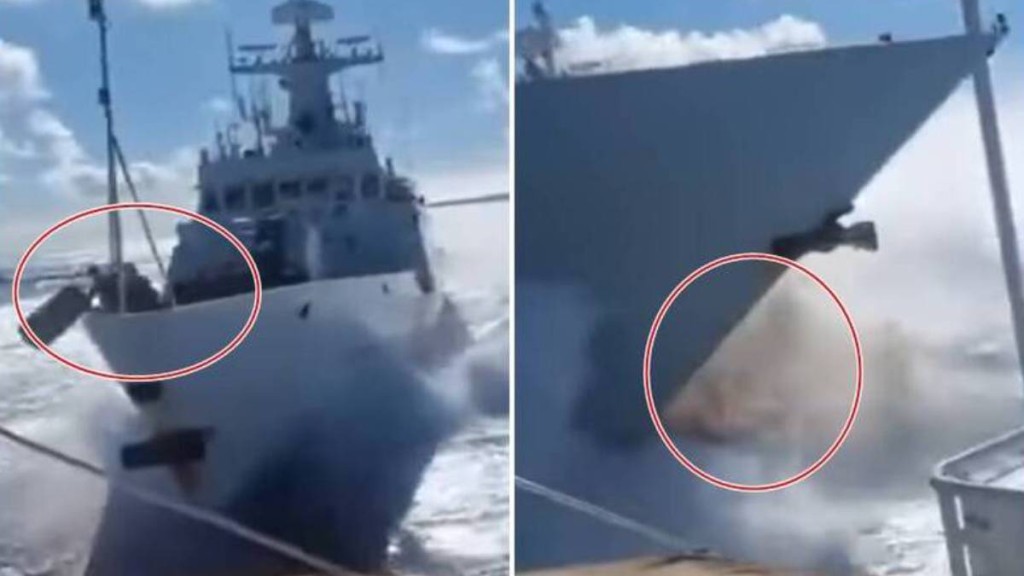 中國海警船撞上解放軍驅逐艦前，船頭最少有2名海警。右圖為網民懷疑海警被撞後噴出的血霧。網圖