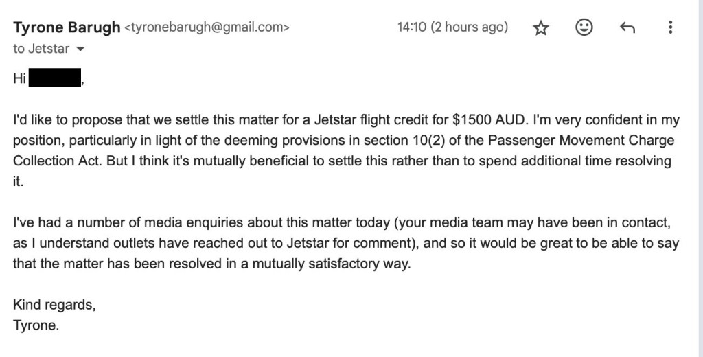 Jetstar提出給巴羅（Tyrone Barugh）1500紐元和解。
