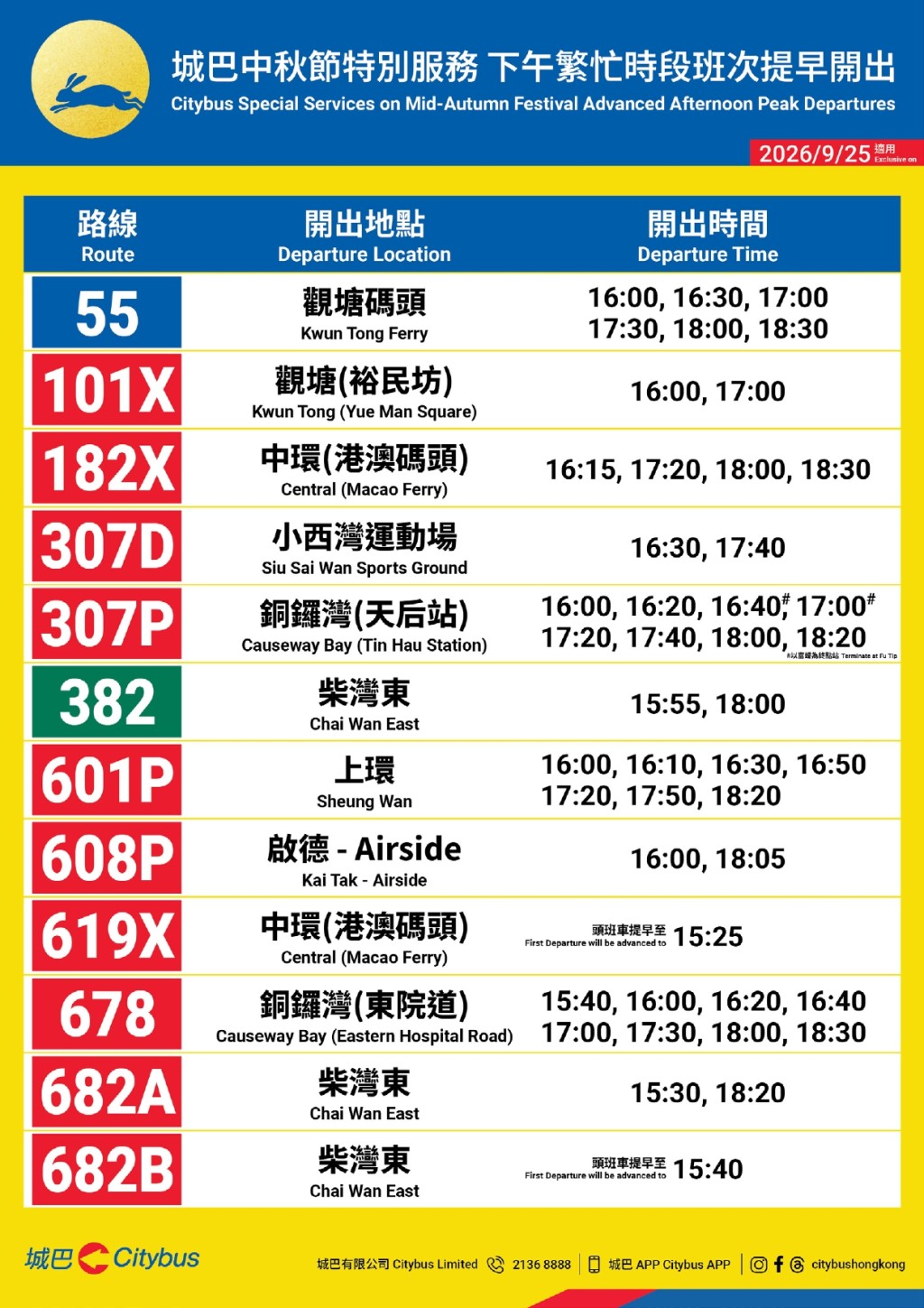 城巴中秋提早30+條巴士線下午繁忙時段開出!涵蓋金鐘/中環/灣仔多個熱門上班地點 城巴中秋提早30+條巴士線下午繁忙時段開出!涵蓋金鐘/中環/灣仔多個熱門上班地點