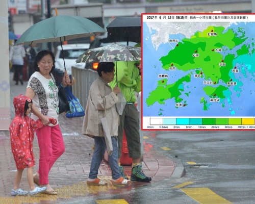 天文台貼出昨日7時15分至8時15分的降雨量圖。