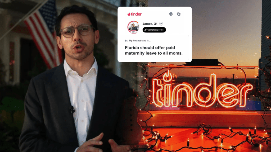 佛州州長共和黨參選人費雪巴克（James Fishback）開Tinder拉票。