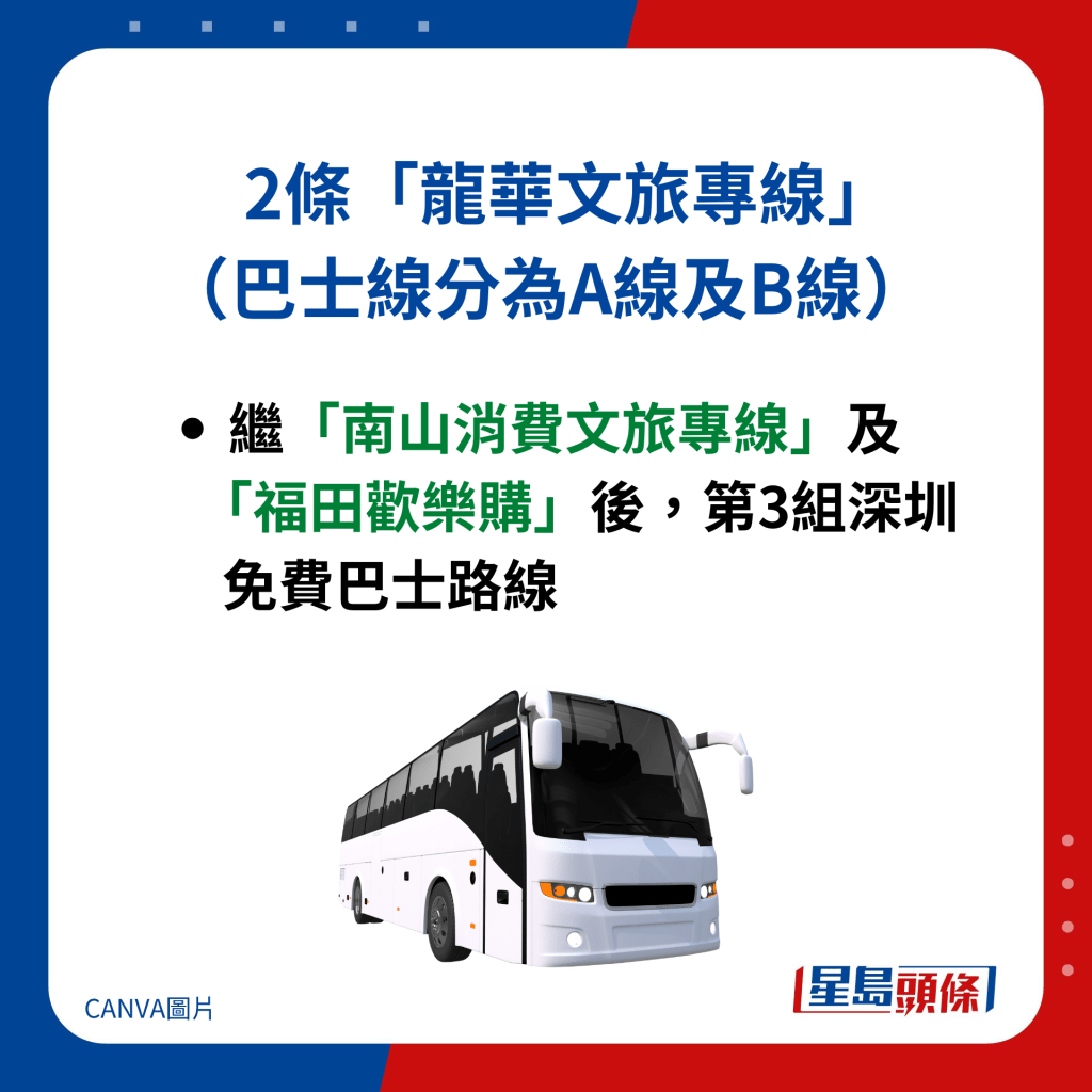 继「南山消费文旅专线」及 「福田欢乐购」后，第3组深圳 免费巴士路线。