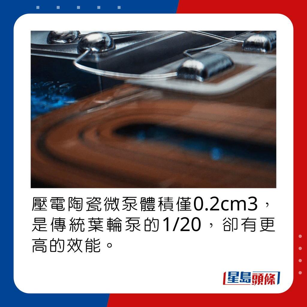 壓電陶瓷微泵體積僅0.2cm3，是傳統葉輪泵的1/20，卻有更高的效能。