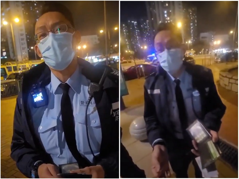 男子送外賣時遇上警員截查，發現一張「光復香港時代革命」卡片。影片截圖