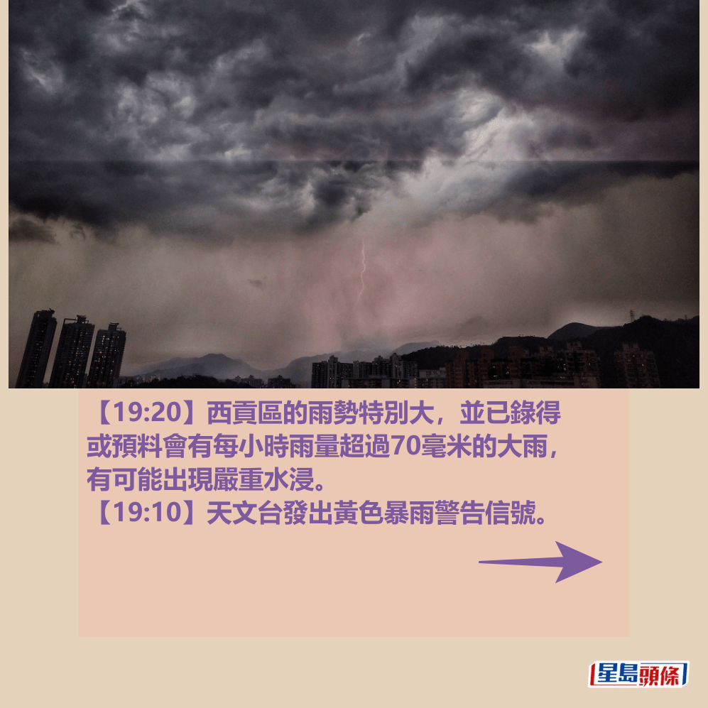 昨日【19:10】天文台發出黃色暴雨警告信號。  ​相片資料來源：chor_ming_＠Threads