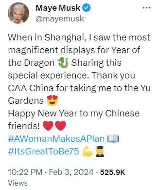 梅耶祝賀中國朋友新年快樂。(平台「X」)