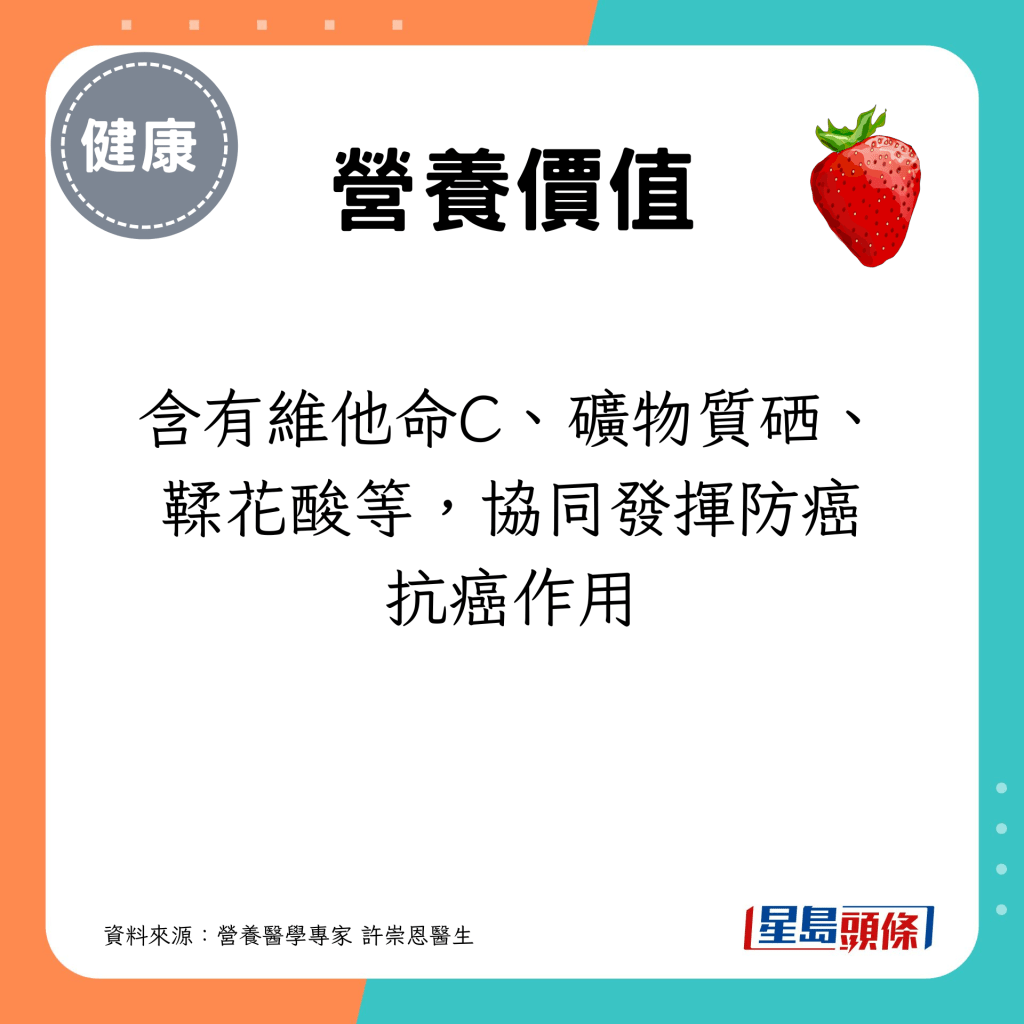 含有維他命C、礦物質硒、鞣花酸等，協同發揮防癌抗癌作用