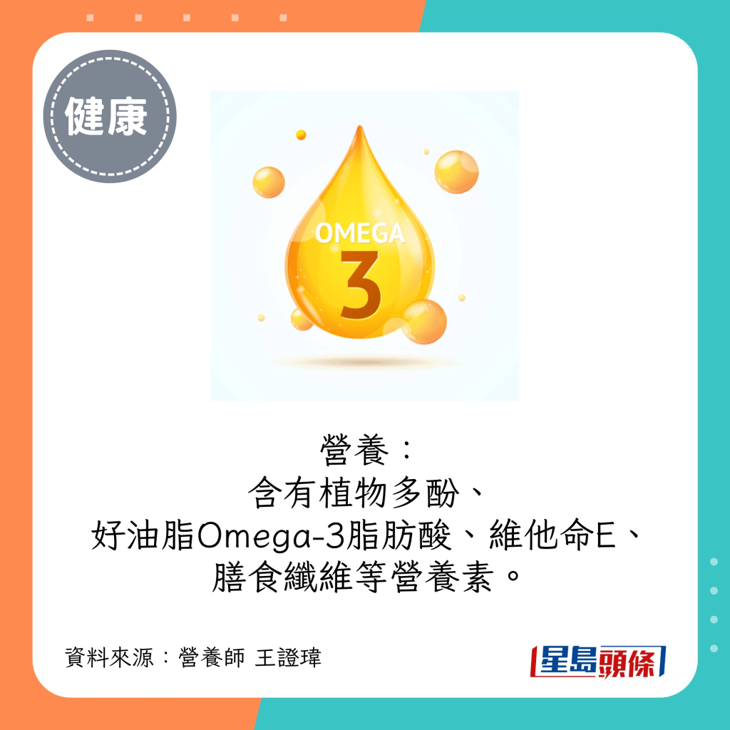 營養：含有植物多酚、好油脂Omega-3脂肪酸、維他命E、膳食纖維等營養素。