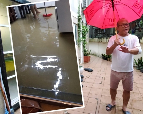 李先生指暴雨期間有大量雨水湧入屋内。小圖由村長曾先生提供。