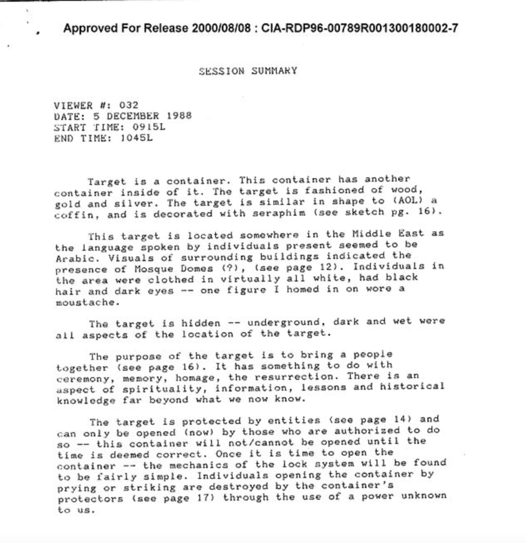 美國中情局(CIA)一份2000年解密文件震撼指出,約櫃就藏於中東某處的地下空間。 美國中情局(CIA)一份2000年解密文件震撼指出,約櫃就藏於中東某處的地下空間。
