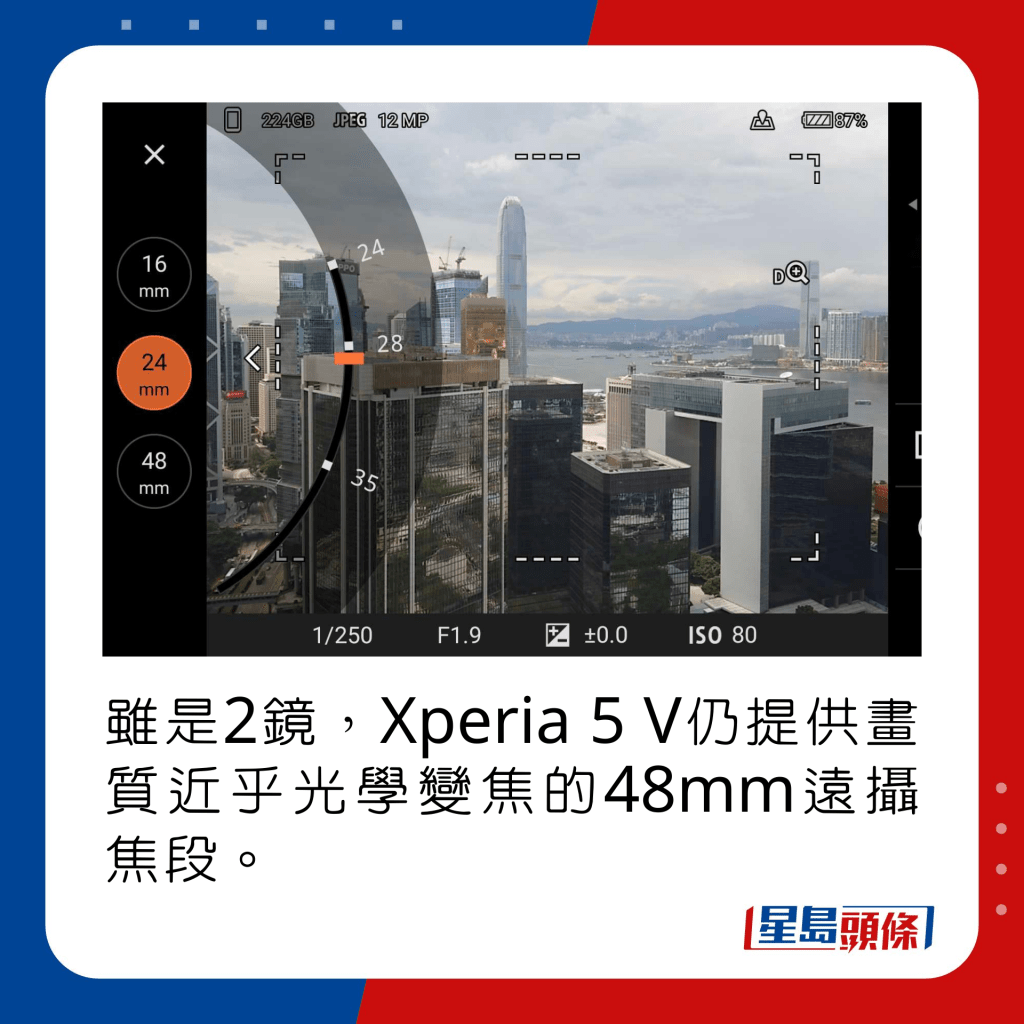 雖是2鏡，Xperia 5 V仍提供畫質近乎光學變焦的48mm遠攝焦段。