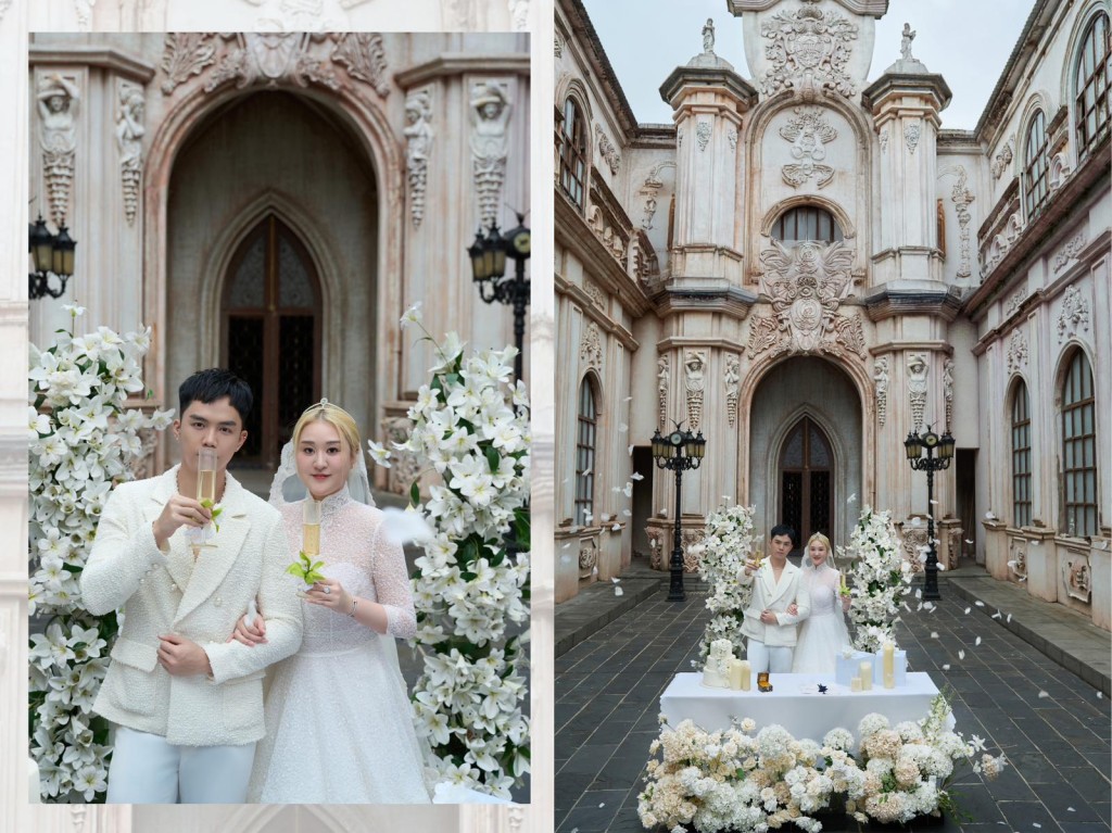 伍富橋與梁兆楹的全新婚紗相充滿歐洲風格。