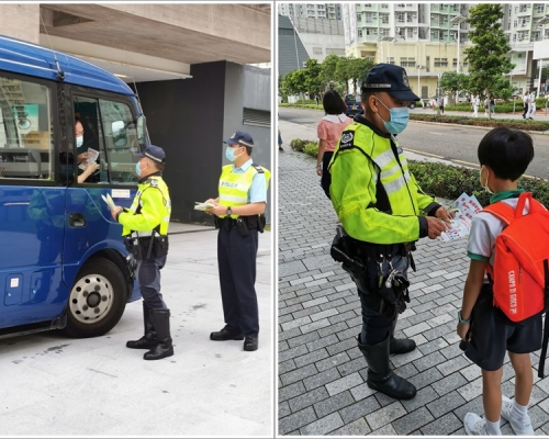 警員向學生及司機派發宣傳單張。圖:警方提供