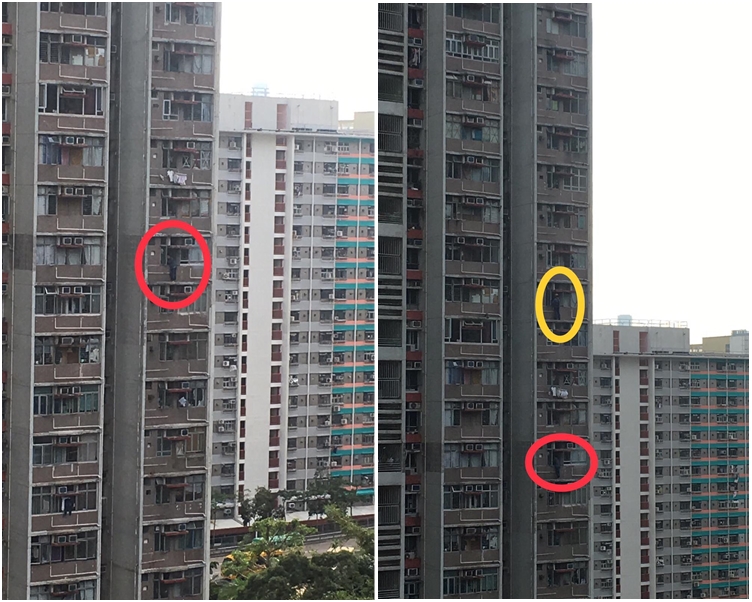 男事主危坐窗邊石壆(紅圈)、消防員在場戒備(黃圈) 。讀者提供