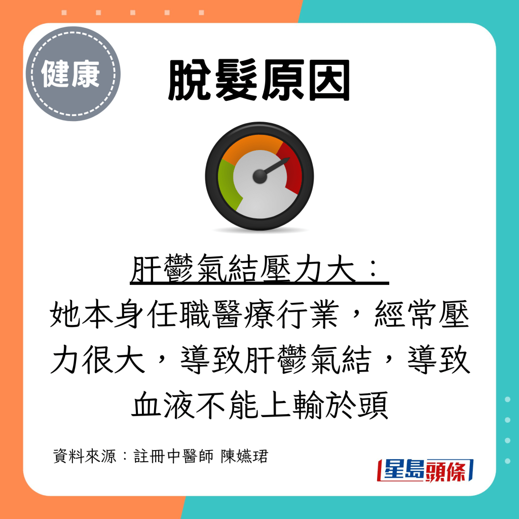 肝鬱氣結壓力大： 她本身任職醫療行業，經常壓力很大，導致肝鬱氣結，導致血液不能上輸於頭