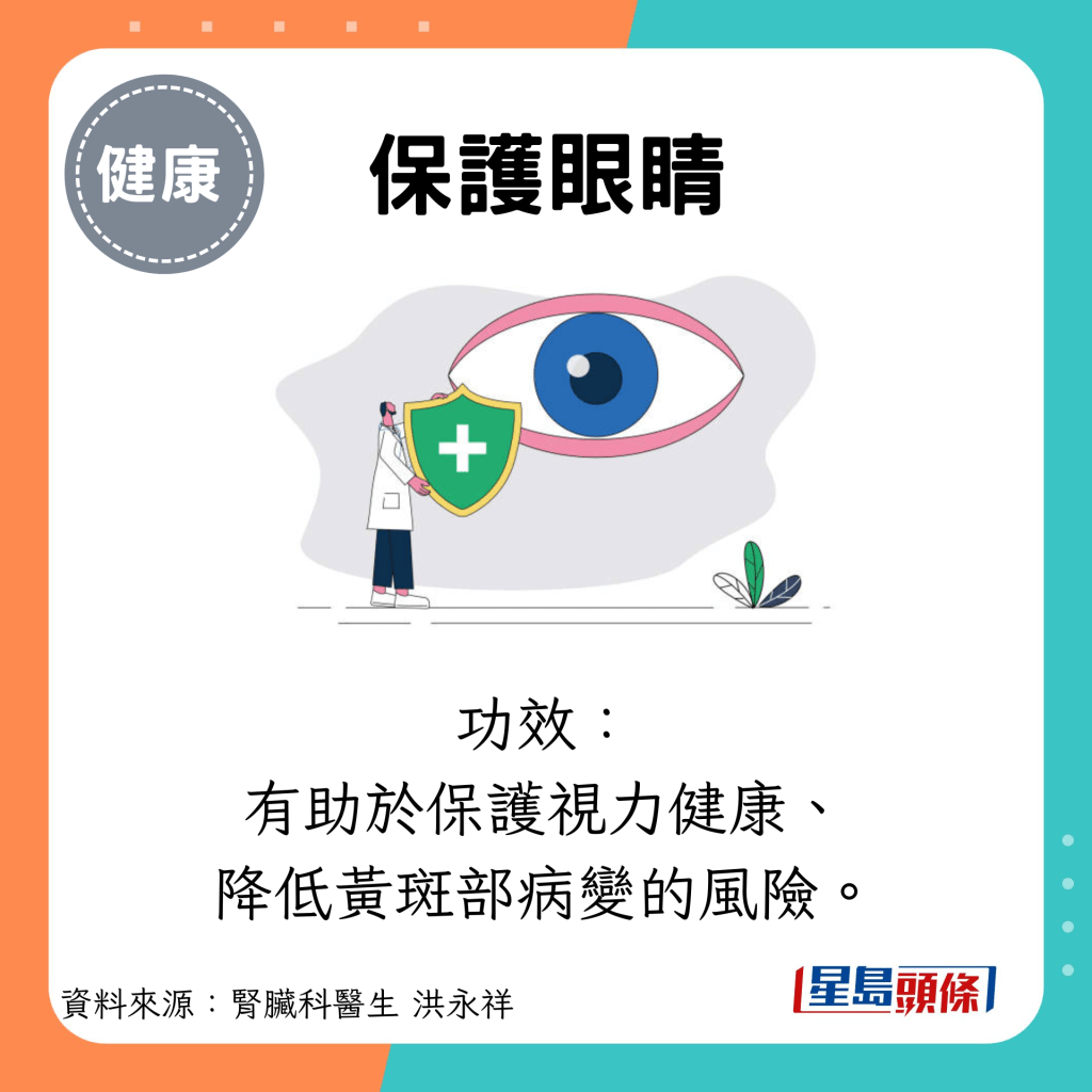 保護眼睛：功效： 有助於保護視力健康、 降低黃斑部病變的風險。