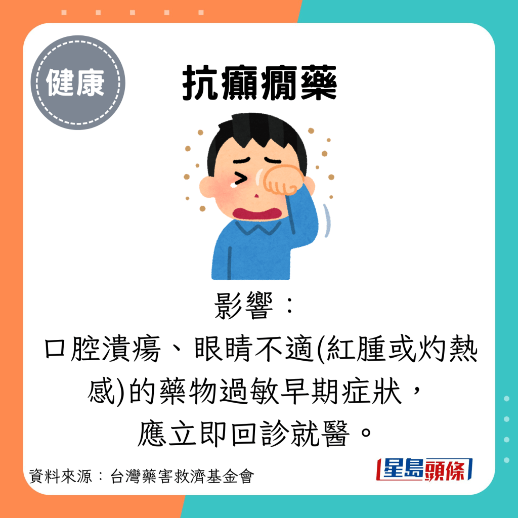 抗癫痫药：影响： 口腔溃疡、眼睛不适(红肿或灼热感)的药物过敏早期症状， 应立即回诊就医。