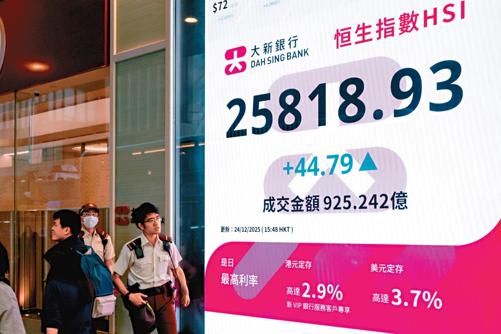 恒指于平安夜半日市收报25818点，升44点。