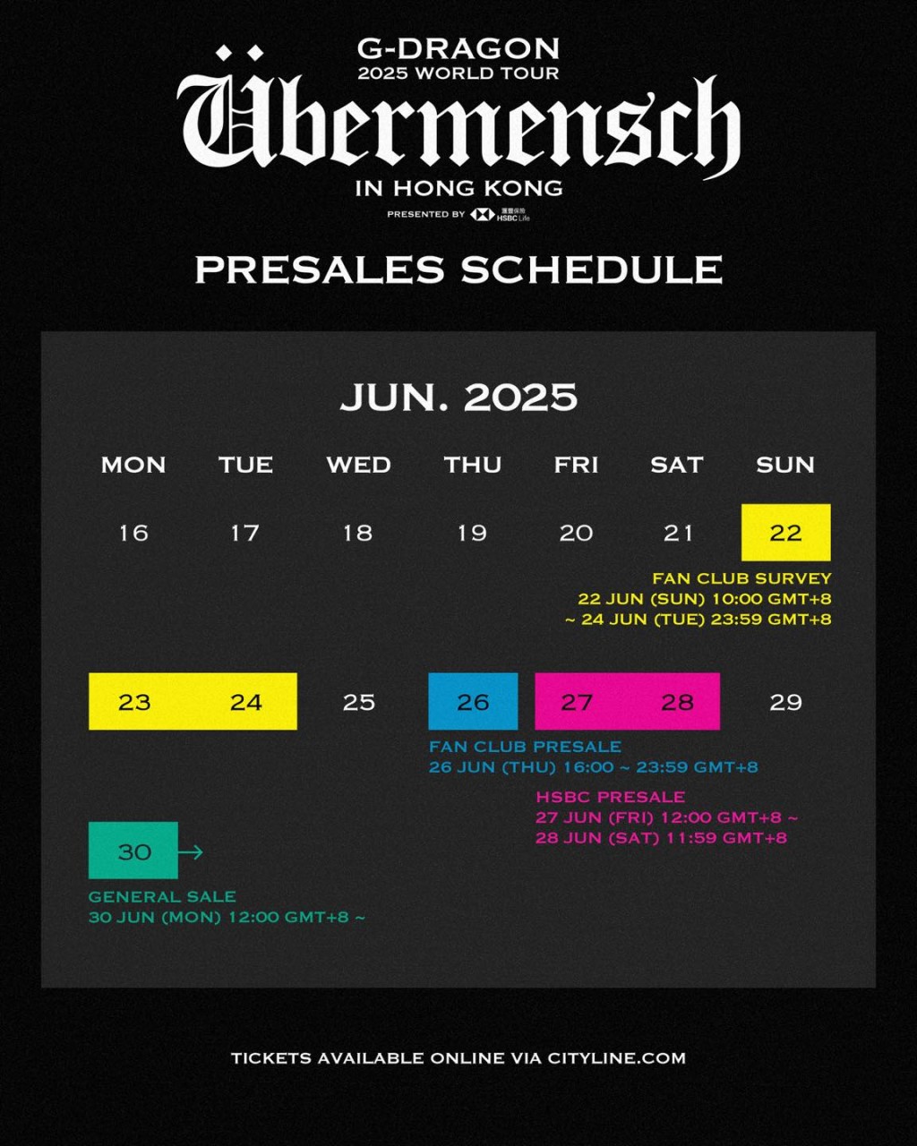 GD的《G-DRAGON 2025 WORLD TOUR [Übermensch] IN HONG KONG》購票日期。