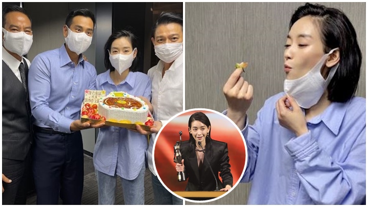 《潛行》劇組送上蛋糕祝賀劉雅瑟成為影后。