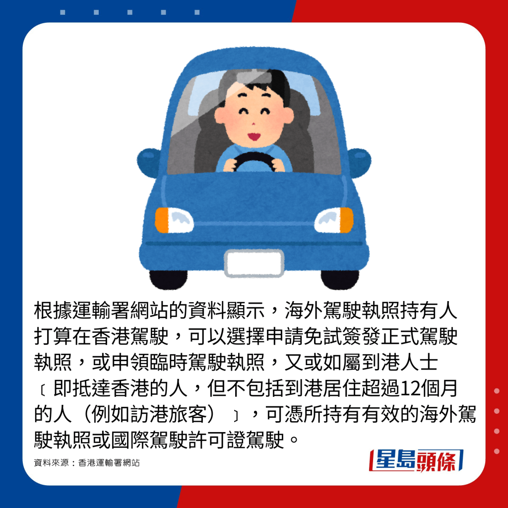 根据运输署网站的资料显示，海外驾驶执照持有人打算在香港驾驶，可以选择申请免试签发正式驾驶执照，或申领临时驾驶执照，又或如属到港人士﹝即抵达香港的人，但不包括到港居住超过12个月的人（例如访港旅客）﹞，可凭所持有有效的海外驾驶执照或国际驾驶许可证驾驶。